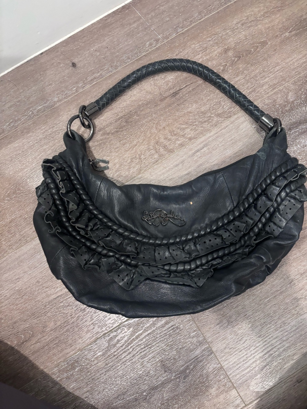 Betsey Johnson Black Leather Ruffle Shoulder Bag